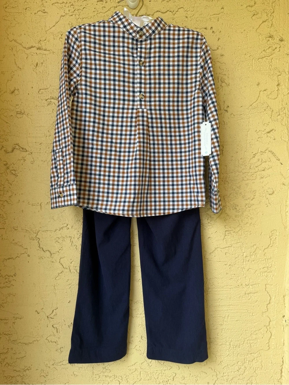 Edgehill Collection Boys Check Mandarin Collar Long Sleeve Shirt and Pants Set 6